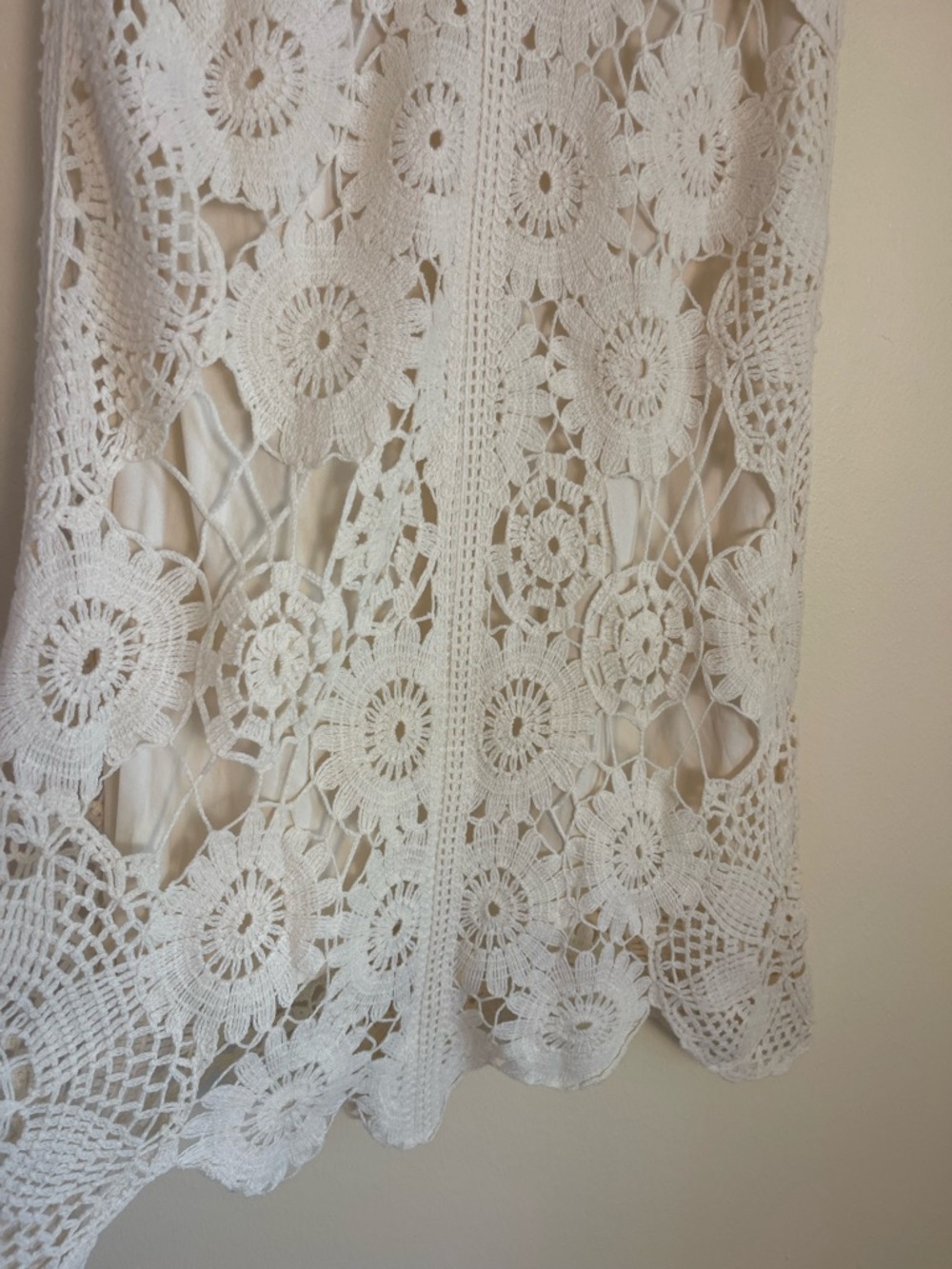 Boho Ivory Crochet Lace Shift Dress XL Lined Open Knit Coastal Wedding Guest - Picture 11 of 14